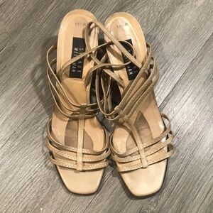 Stuart Weitzman Square Toe Gold Stretch Strap Sandals size 11